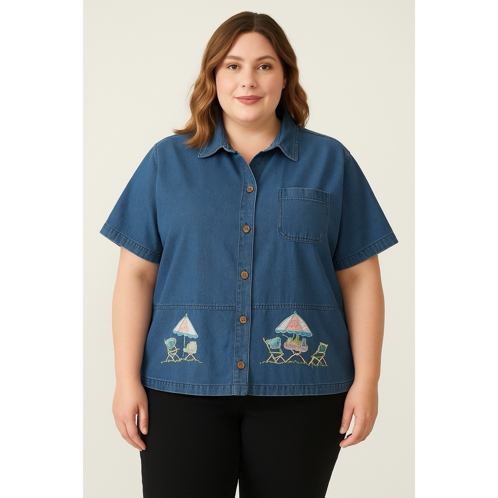 Jane Ashley Shirt Women's XL Button Up Short Sleeve Blue Jean Embroidered Boho